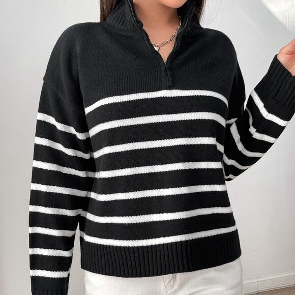Preppy Striped Pattern Half Zipper Drop Shoulder Sweater - Picture 5 of 5